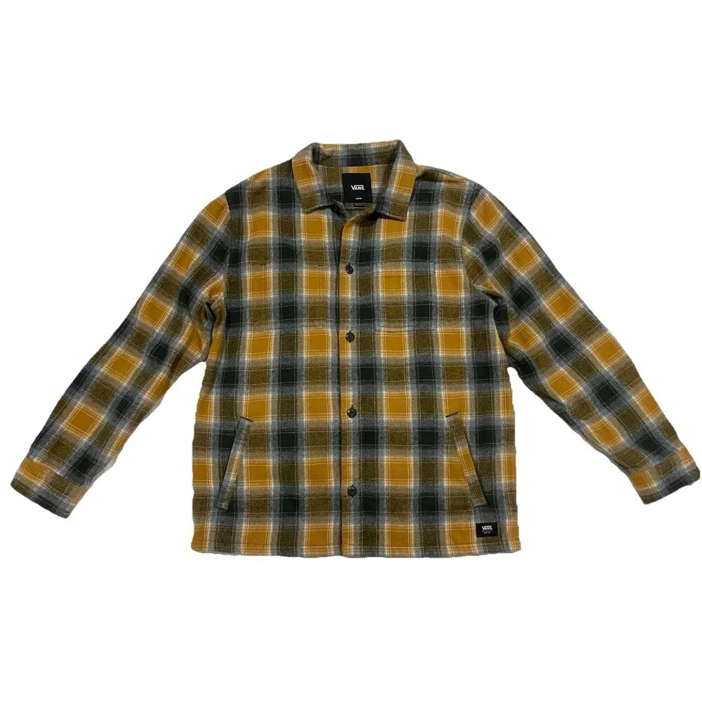 NWOT Vans Pemberton Heavy Shirt Jacket Flannel Plaid Shacket Large Yellow Gray